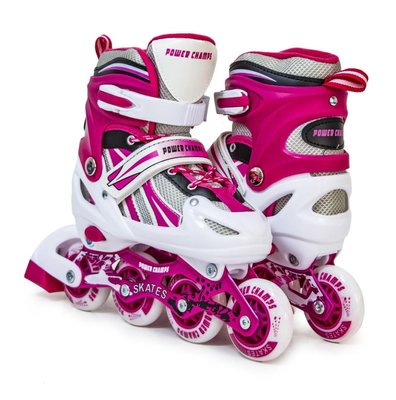 Роликовые коньки детские раздвижные 29-33 Power Champs Pink с подсветкой колеса фото 1