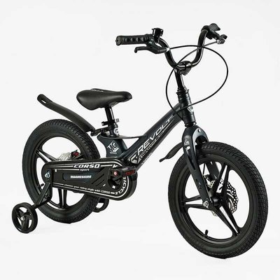 Велосипед детский двухколёсный 16" CORSO Revolt магниевая рама доп колеса на 5-7 лет черный MG-16301 фото 1
